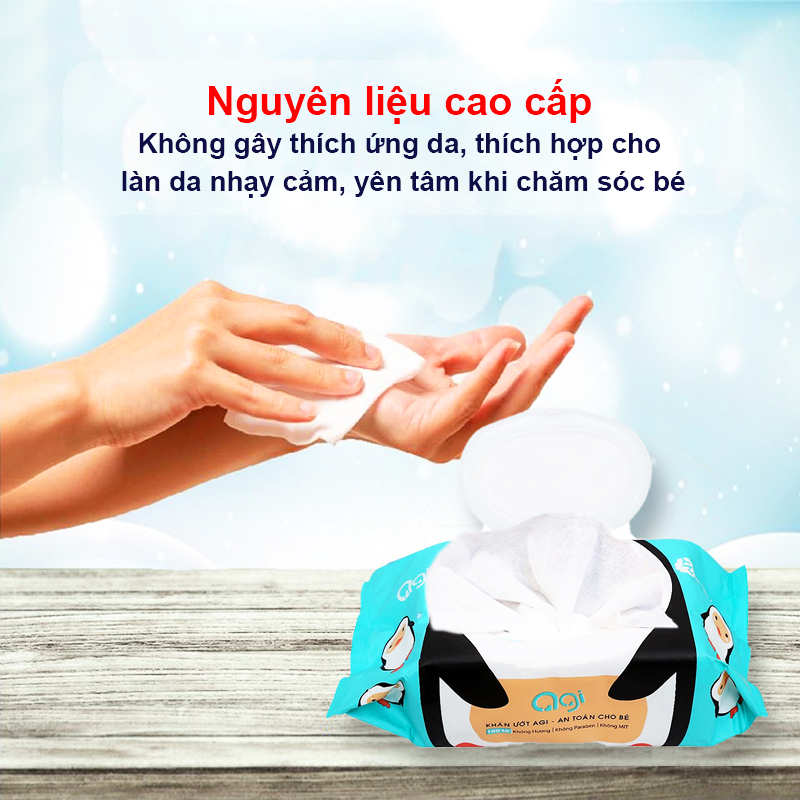 Khăn ướt Agi, Khăn ướt cho bé chính hãng mềm mịn không mùi an toàn cho bé yêu (hộp 100 tờ) – KH011