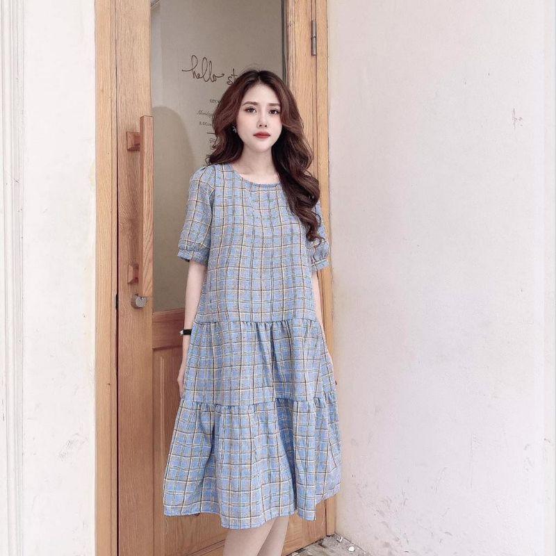 Váy bầu thời trang thiết kế kẻ caro  chất Cotton thô freesize từ 45 đến 70kg