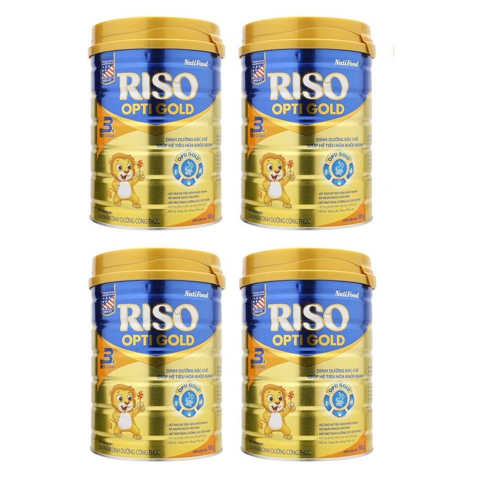 Bộ 4 Lon Sữa Bột NutiFood RISO OPTI GOLD 3 Lon 900g Cho Trẻ Từ 1-2 Tuổi