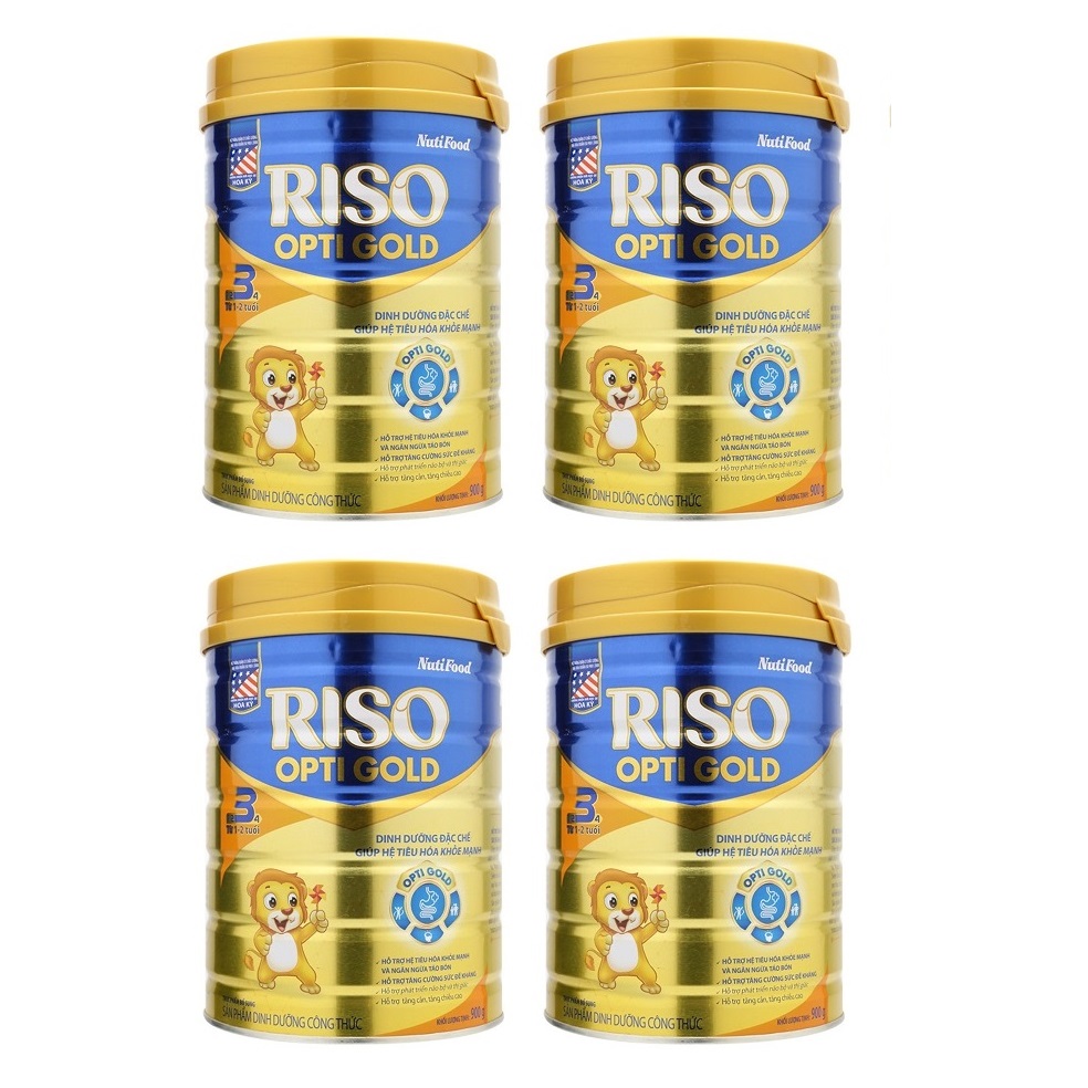 Bộ 4 Lon Sữa Bột NutiFood RISO OPTI GOLD 3 Lon 900g Cho Trẻ Từ 1-2 Tuổi