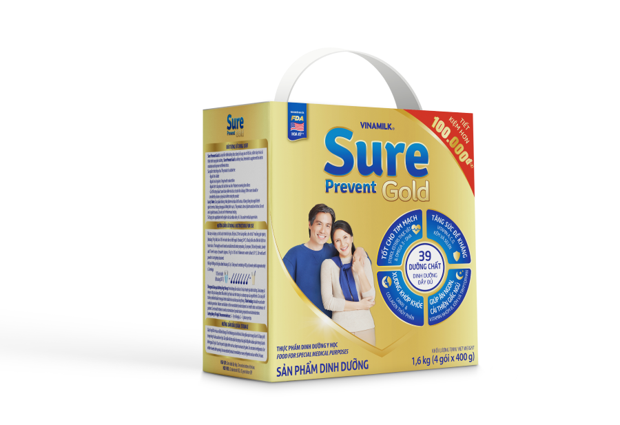 Sữa bột cho người lớn tuổi Vinamilk Sure Prevent 1600g (Hộp giấy 4 túi x 400g) - bổ sung dinh dưỡng và tăng cường sức khỏe