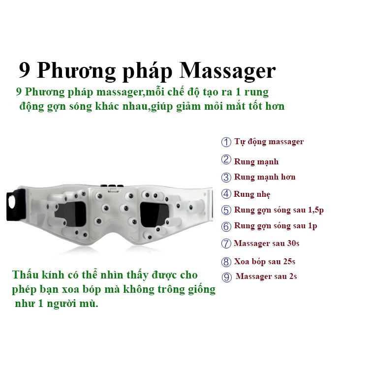 Kính massage mắt 9 chế độ rung giúp thư giãn giảm căng thẳng cải thiện giấc ngủ chống khô, mỏi, quầng thâm và bọng mắt