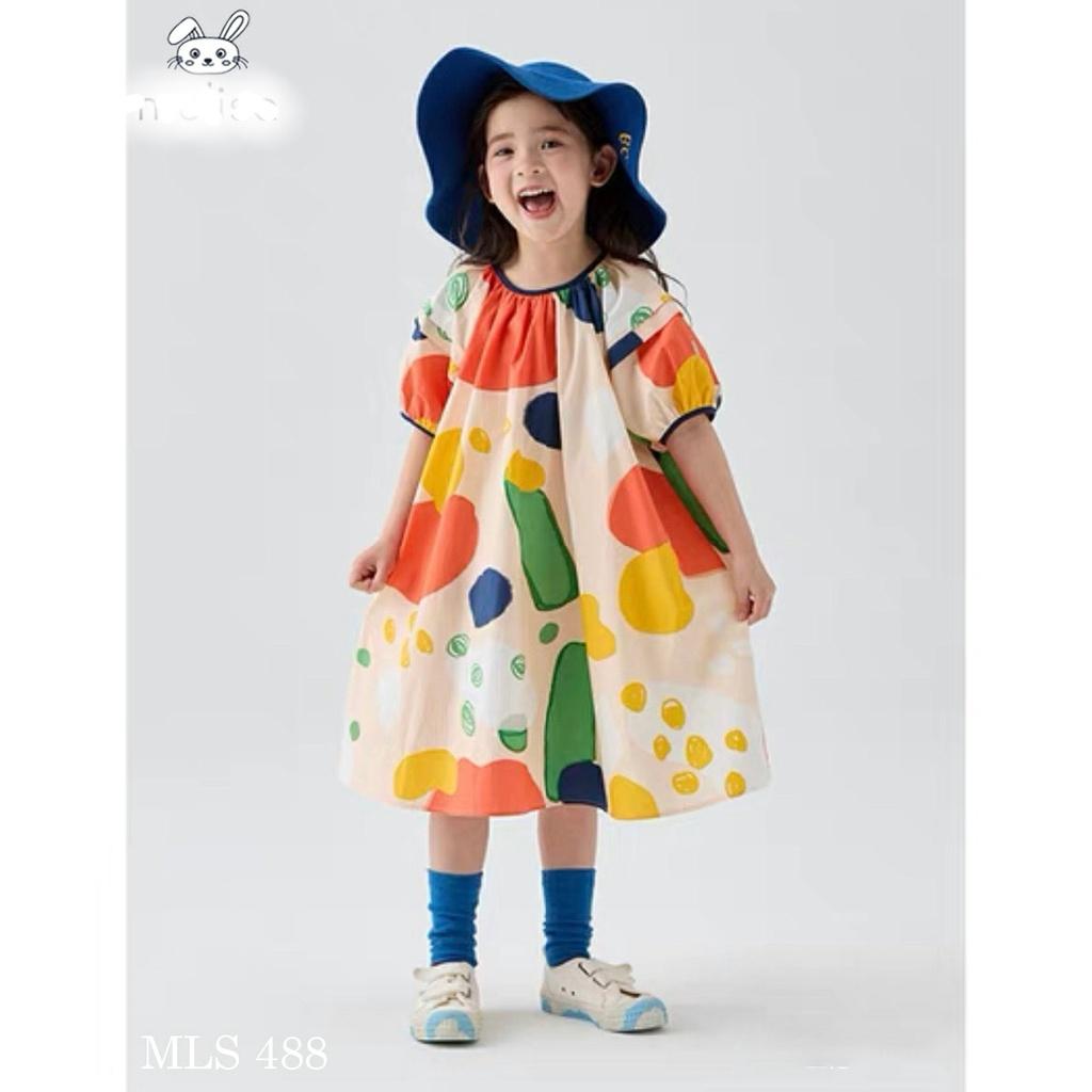 Đầm babydoll phồng cho bé gái màu loang cam phong cách Hàn Quốc từ 12-35kg chất kate mềm mát