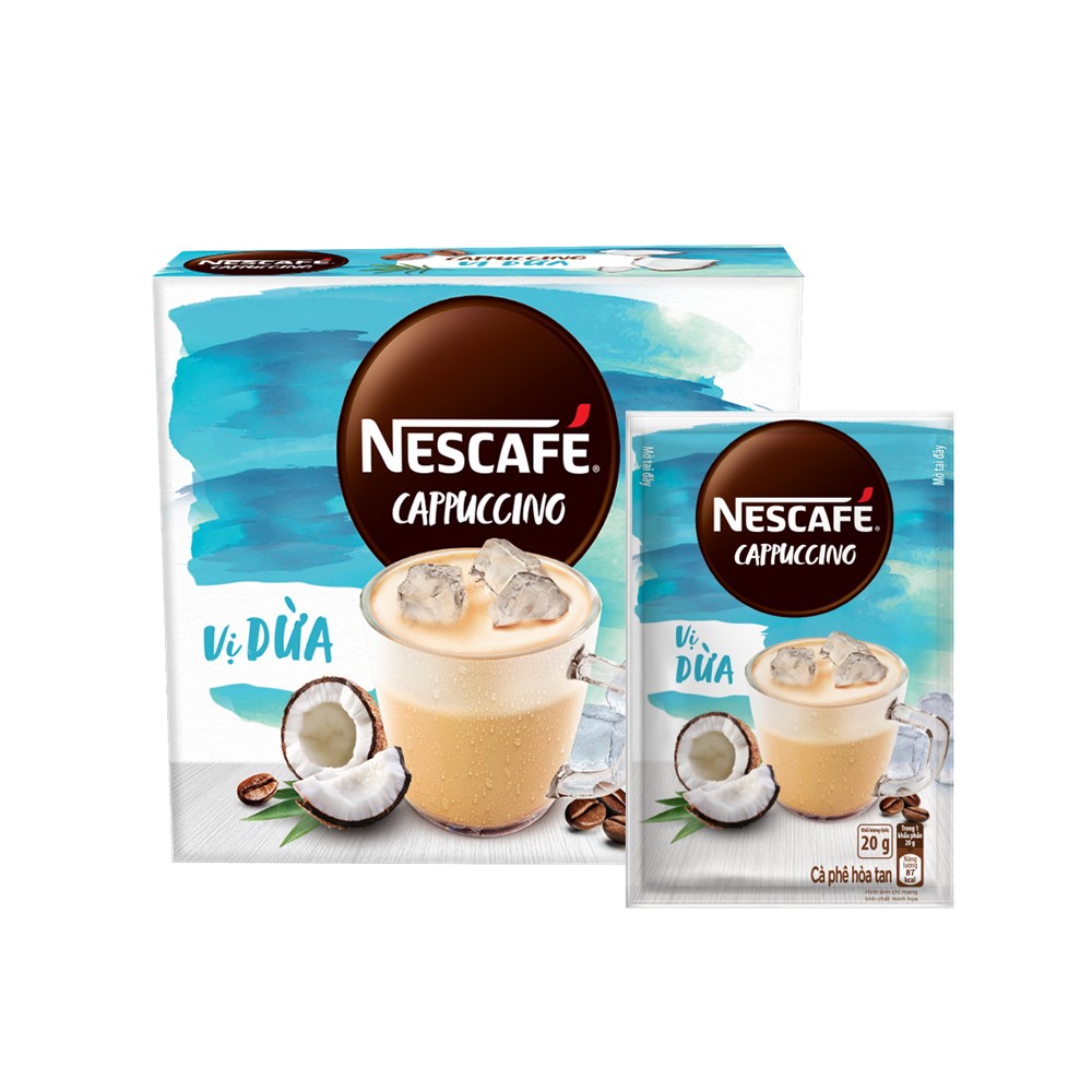 Combo 3 hộp cà phê hòa tan Nescafé Cappuccino vị dừa (Hộp 10 gói x 20g) - [Tặng bộ 3 ly thủy tinh]