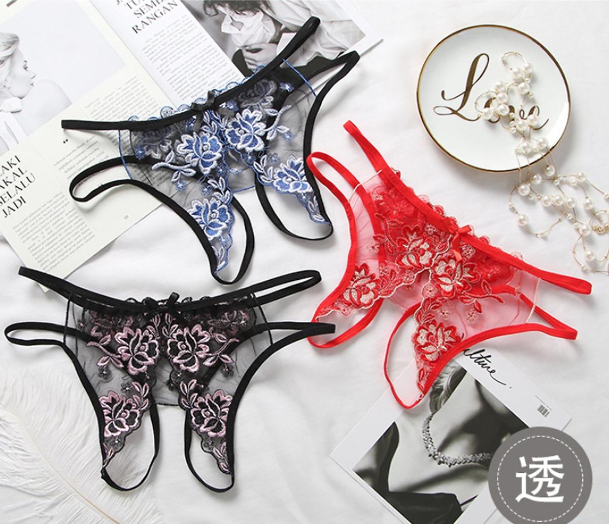 Quần lót nữ sexy thêu hoa ren 2 bên hở đáy viền hồng - 1 cái
