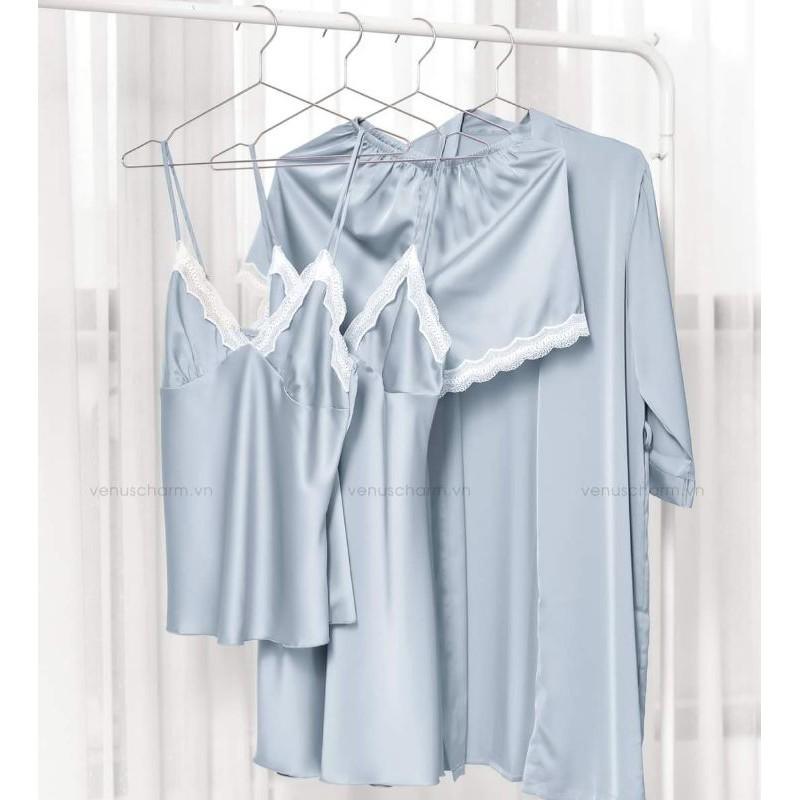 Set áo choàng váy ngủ lụa 2 dây phối ren sang trọng tặng kèm quần chip ren xinh xắn