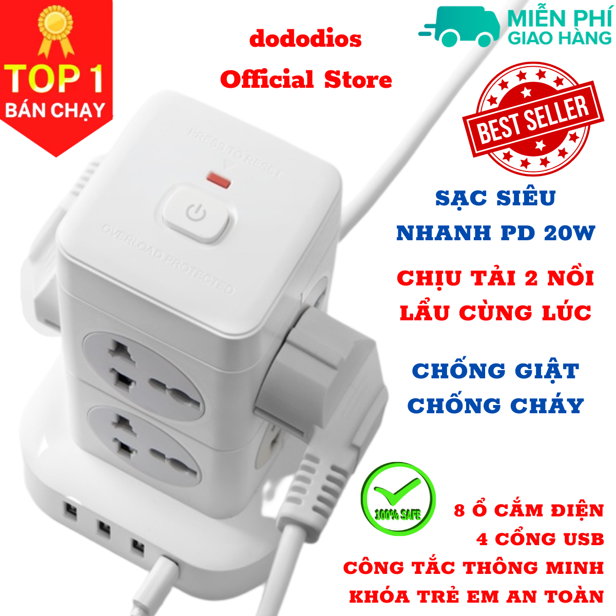 Ổ cắm điện đa năng dododios có sạc nhanh PD 20W cổng USB + typeC, 4-8 lỗ cắm tải 2500W an toàn chống giật, chịu nhiệt - Hàng chính hãng