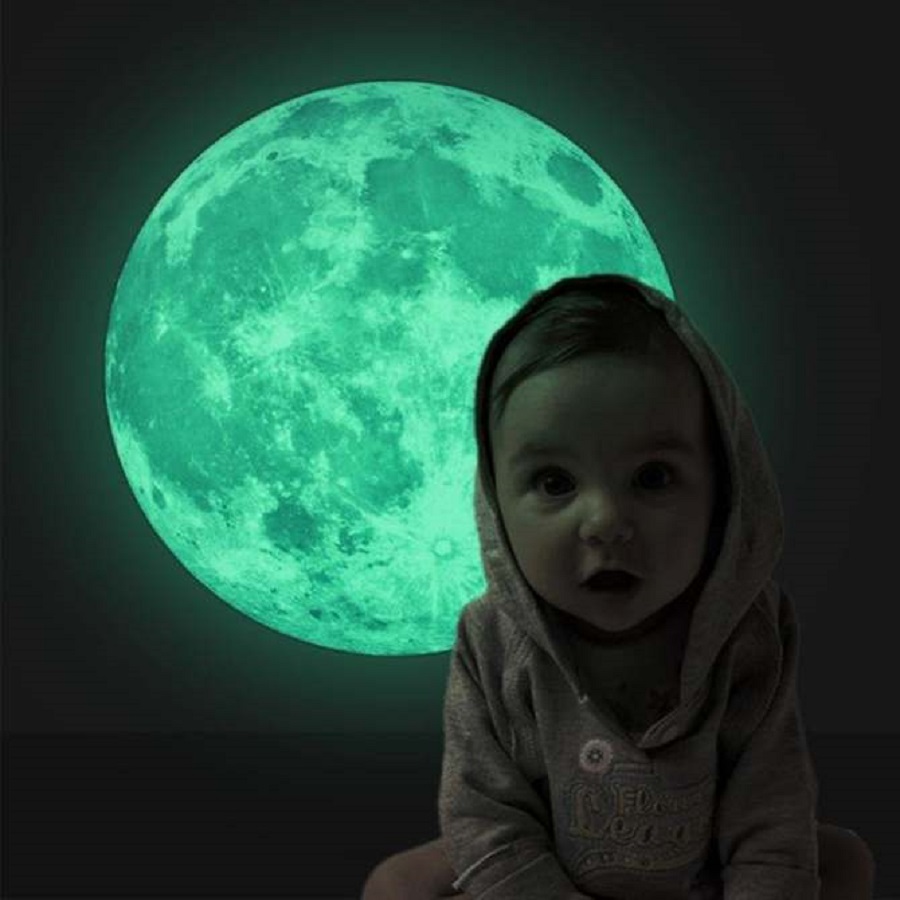 Decal dán tường mặt trăng trang trí 3D dạ quang phát sáng độc đáo đường kính 30 cm