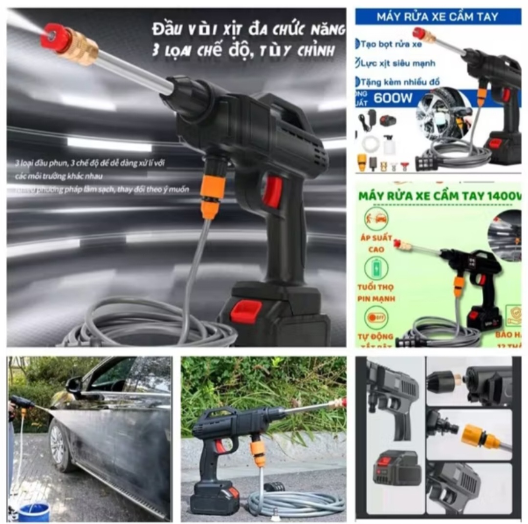 MÁY RỬA XE MÁY ÔTÔ TƯỚI CÂY PHUN THUÔC ÁP LỰC MẠNH BẰNG PIN KHỦNG