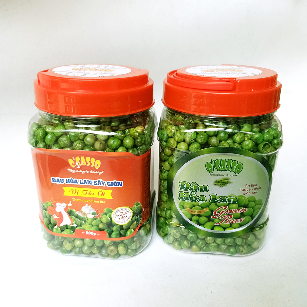 Combo 1kg Đậu Hòa Lan Sấy Giòn Vị Tỏi Ớt_Đậu Hòa Lan  Sấy Giòn Vị Muối O'Casso (500g/hộp)