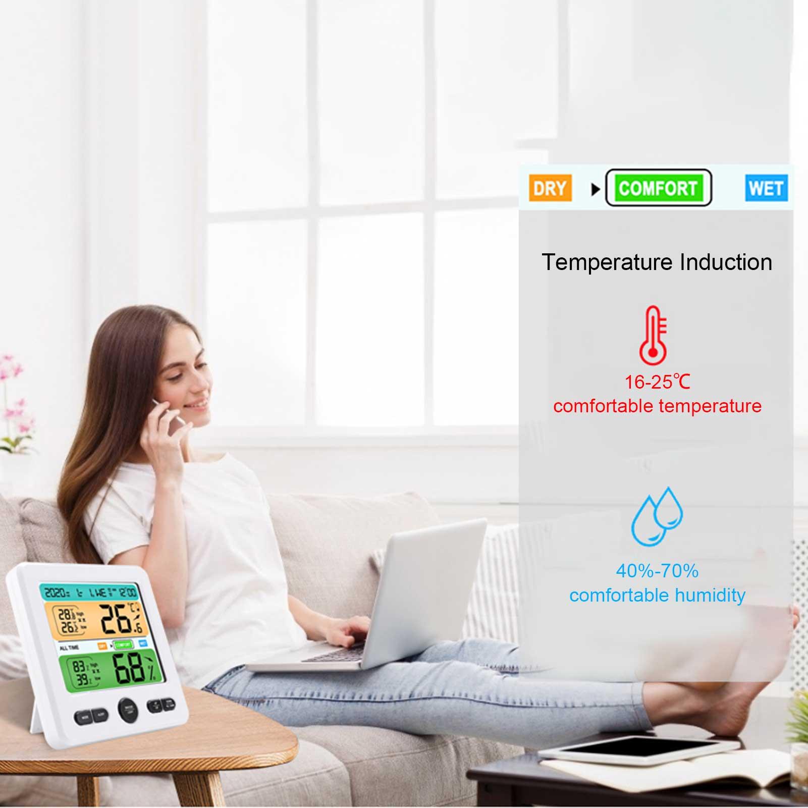 Đồng hồ nhiệt độ độ ẩm đơn giản và thiết thực ở trong nhà, màn hình lớn, phân vùng màu nền, cảnh báo giới hạn trên và dưới