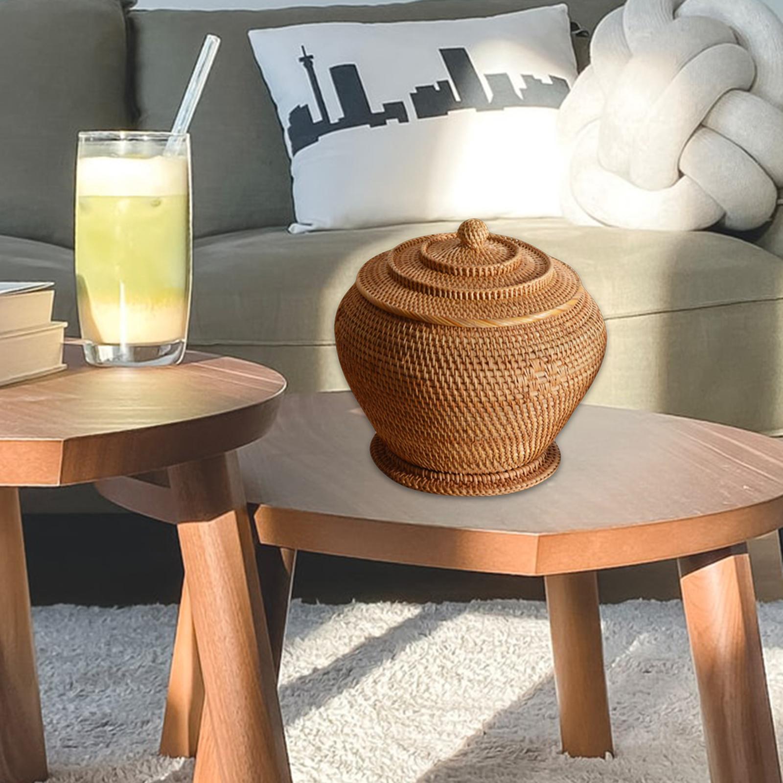 Rattan Woven Basket with Lid Durable Organizer Round for Vegetable Kitchen