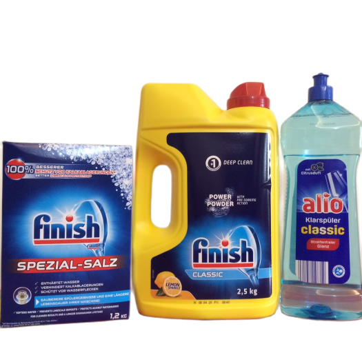 Combo Bột Finish classic 2.5kg + muối rửa bát finish 1.2kg + Nước làm bóng alio 1 lít dùng cho máy rửa bát