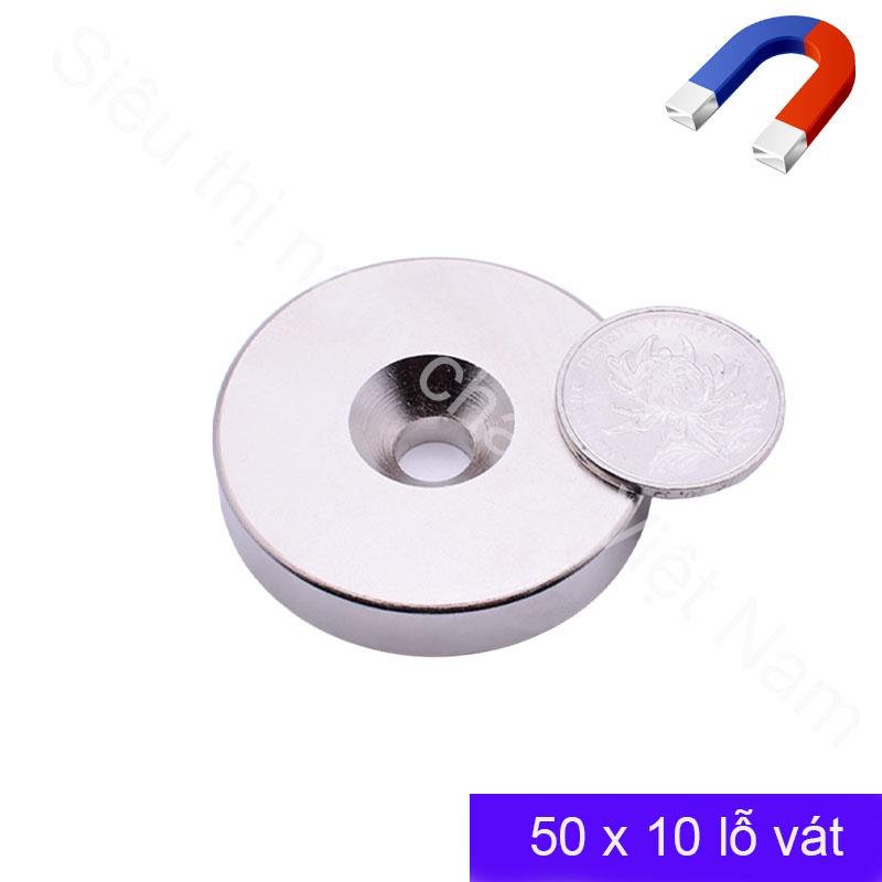 Nam châm tròn có lỗ bắt vít 50x10mm lỗ 10mm, nam châm đất hiếm lực siêu từ tính