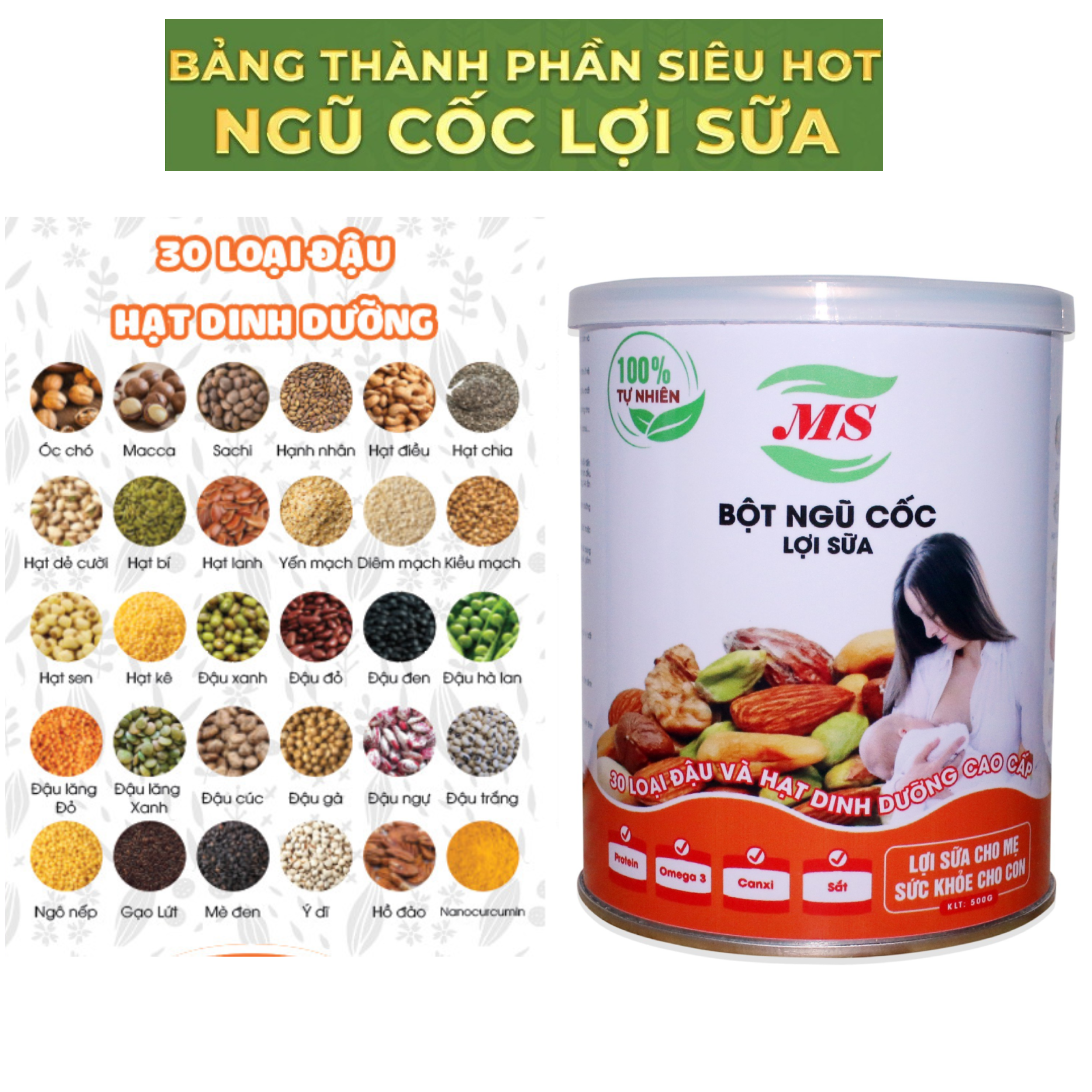 Ngũ Cốc Lợi Sữa (MS) - 500g 30 Loại Hạt mẫu mới - Bột Ngũ Cốc Lợi Sữa