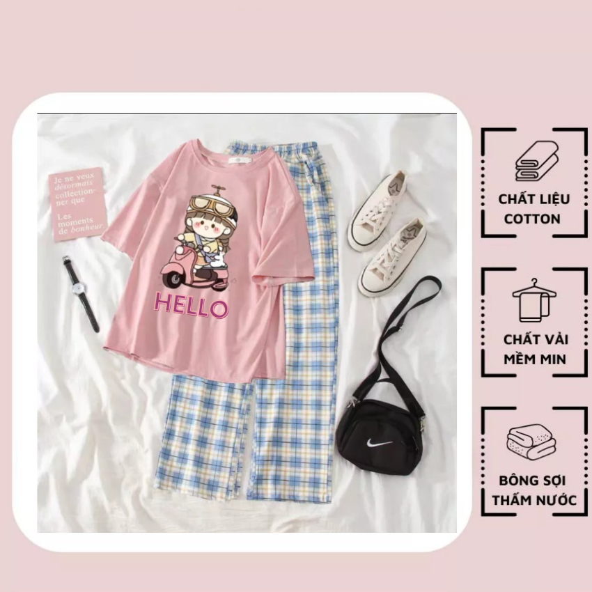 Sét Áo Và Quần, SS06 Sét Đồ Nữ Đi Chơi Đẹp In Hình Cô Gái Lái Xe Dễ Thương, Sét Áo Vải Cotton,Và Quần Kẻ Cá Tính