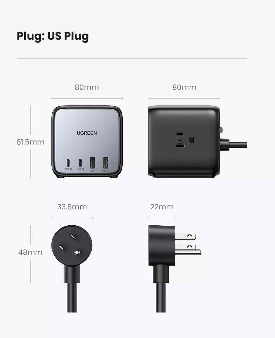 Ugreen UG40861CD268TK 65W Màu Đen Bộ sạc nhanh DigiNest Cube Chip GaN3 gồm 2 cổng USB-C + 2 cổng USB-A kèm dây cápnguồn dài 2M chuẩn cắm EU - HÀNG CHÍNH HÃNG