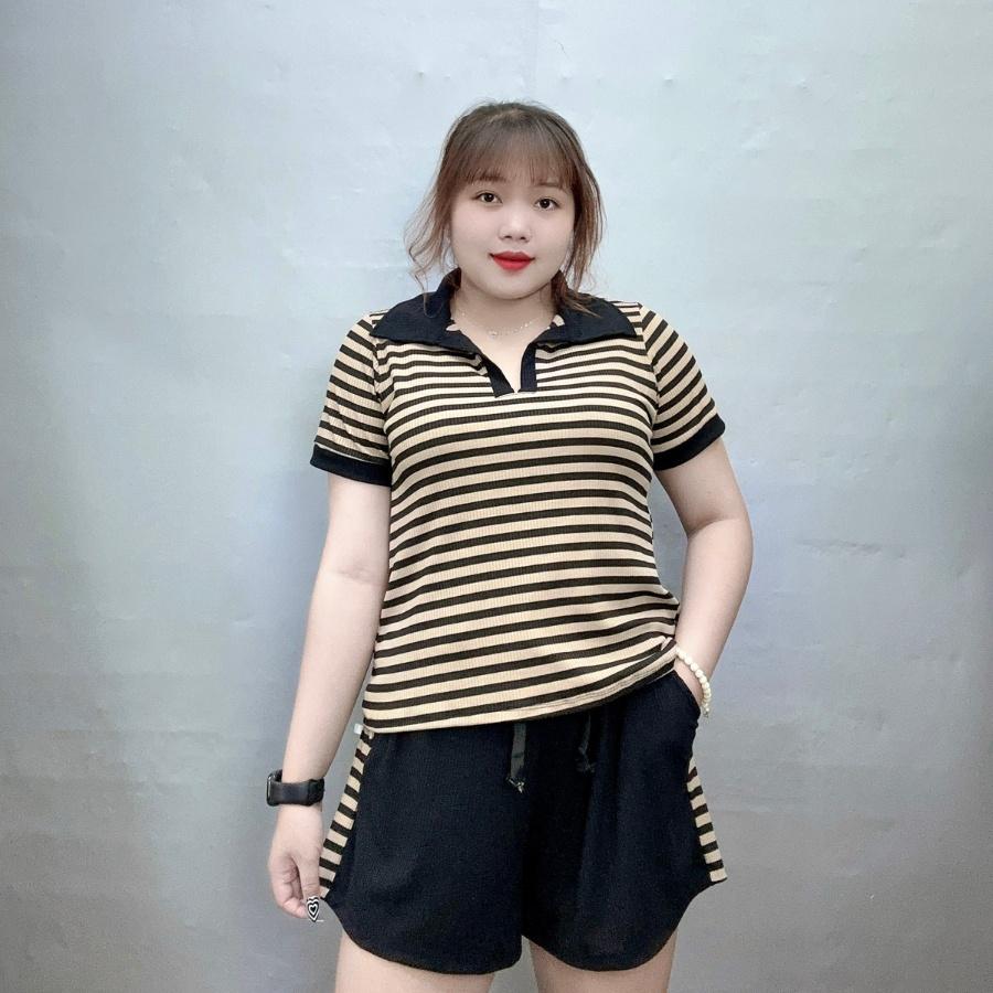 Áo thun polo cổ trụ bigsize nữ kèm quần đùi thun phối sọc co giãn chất gân tăm, Set bộ bigsize Cô Nhỏ - STRU22 - Màu Tím