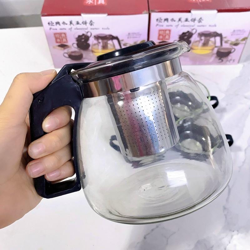 Sỉ 33K - Bộ Ấm Pha Trà Thủy Tinh Kèm 4 Tách Lưới Lọc Inox 304 Không Gỉ