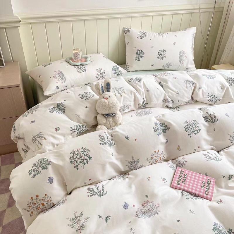 Bộ Chăn Ga Gối Cotton Living Hàng Nhập Khẩu 4 Món Lá Nhí Trắng