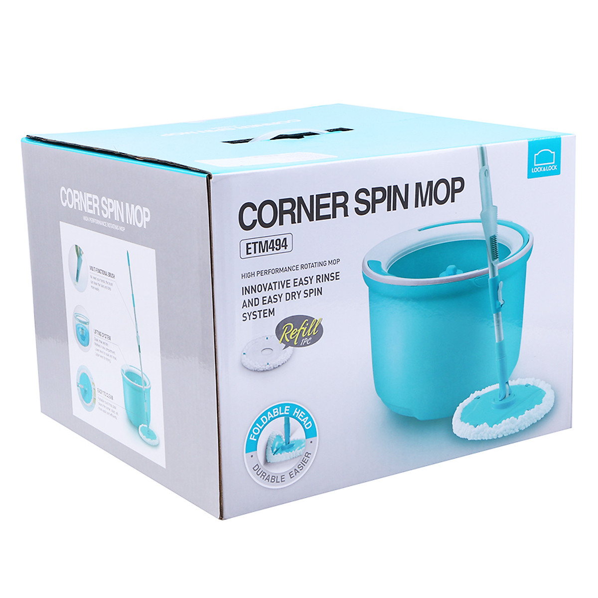 Bộ Cây Lau Nhà Xoay Tay 2 Bông Lau Lock&Lock Corner ETM494 - Màu Xanh Biển- Hàng Chính Hãng, Tăng Kèm Ống Hút Inox