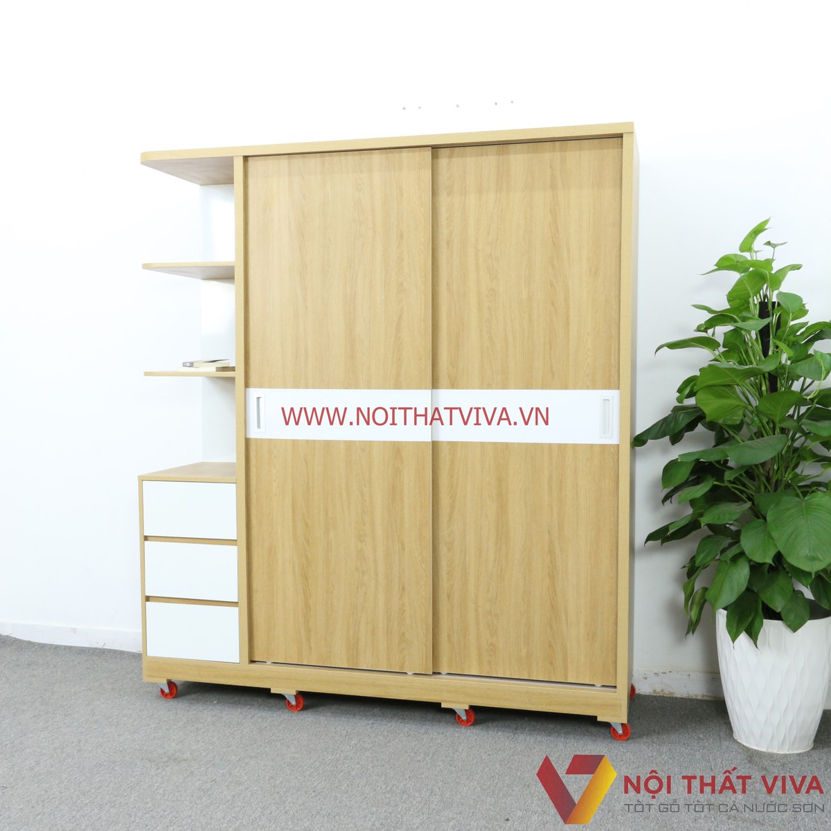 Tủ Áo Cửa Lùa Gỗ MDF Có Kệ Trang Trí Màu Vàng Vân Gỗ Chỉ Trắng Đẹp