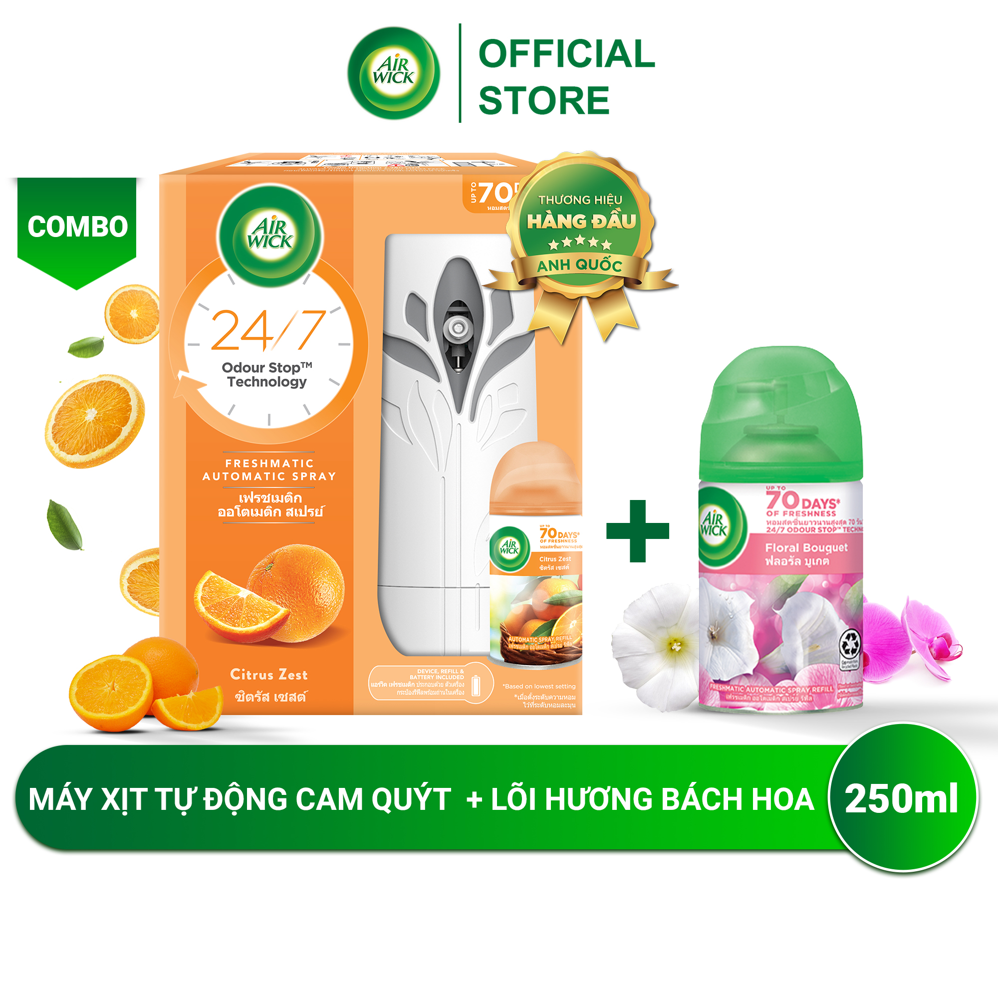 Bộ máy xịt phòng tự động Air Wick Cam quýt + Lõi hương bách hoa,UK, đắm say trong hương ngàn hoa, ngát hương 24/7