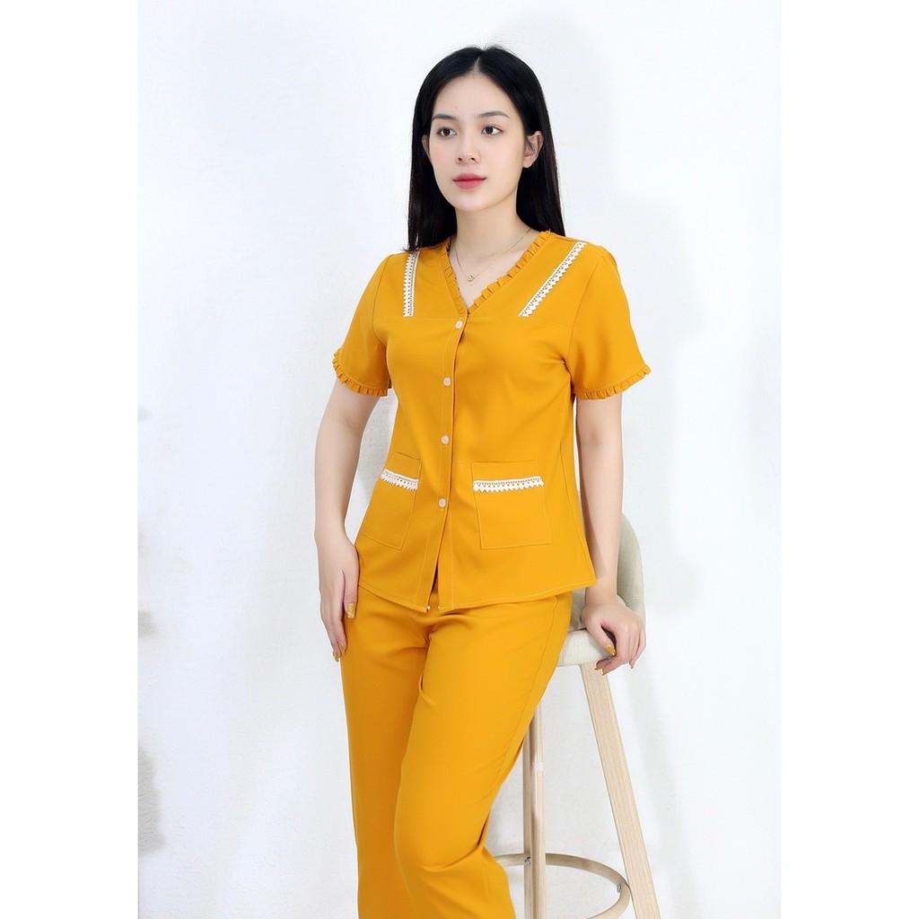 Bộ đồ bộ màu VÀNG PHA REN tay ngắn quần dài vải siêu lụa - Thoải Mái Nhẹ Nhàng