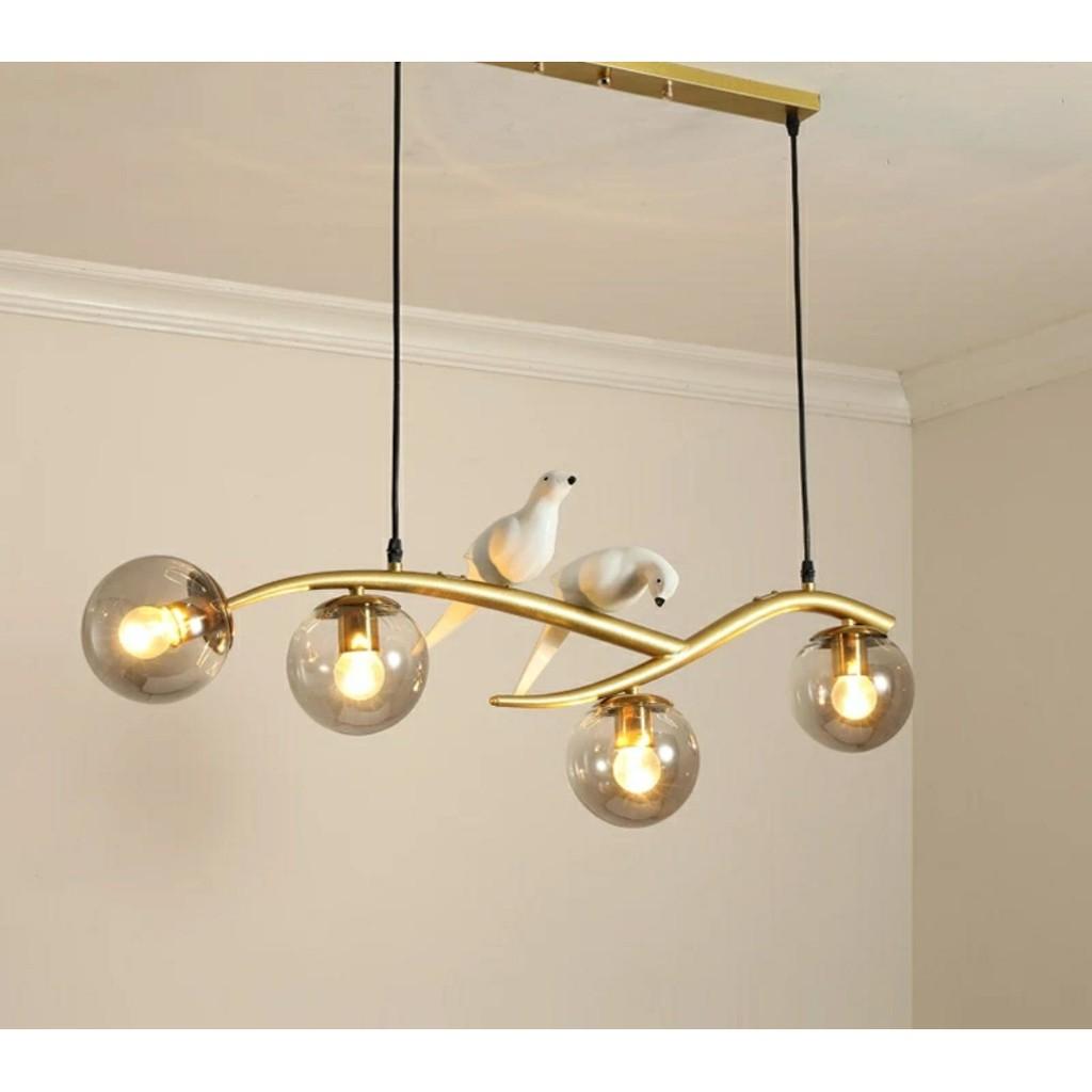 Đèn thả bàn ăn, trang trí phong cách Bắc Âu, thân mạ vàng 4 chao thủy tinh HL385-4