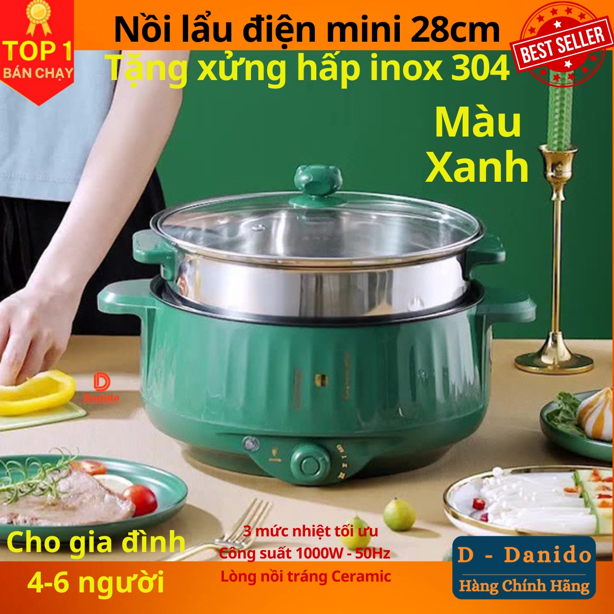 Nồi lẩu điện đa năng 28cm, Ceramic vân đá chống dính công suất 1000W tiện dụng 3 nấc nhiệt - Tặng Xửng Inox D Danido