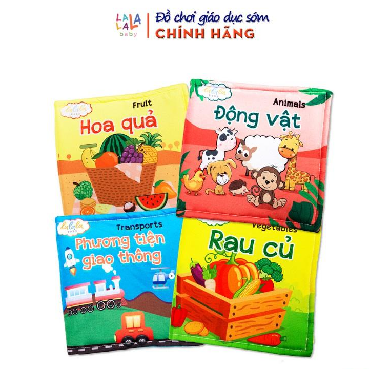 Combo 4 cuốn sách vải Lalala baby, kích thích đa giác quan, kích thước 15x15cm 12 trang (rau củ, hoa quả, PTGT, ĐV)