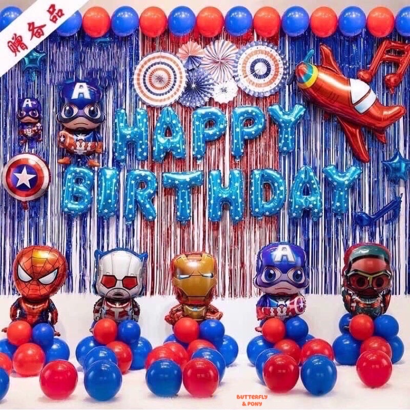 ❤️Set Bộ Trang Trí Sinh Nhật Superman 2 Rèm, 4 Siêu Nhân, 36 Bóng Xanh Đỏ,...Tặng Kèm Cây Bơm Bóng, Keo Dán