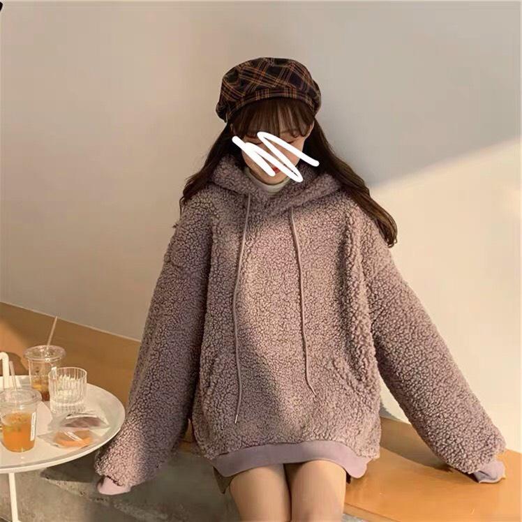 Áo Hoodie Nỉ Lông Dáng Rộng Tai Gấu Freesize đáng yêu tay dài