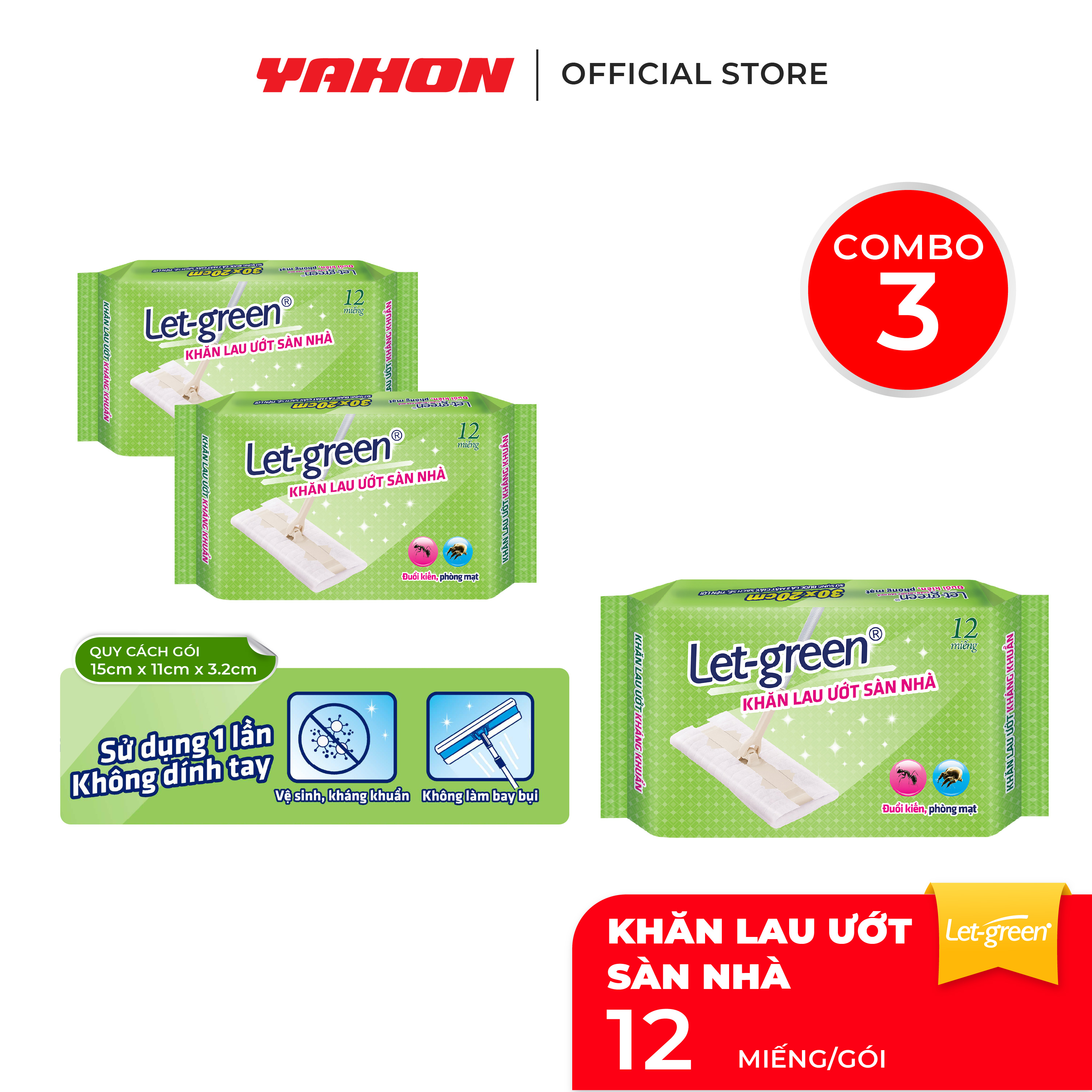 Khăn Ướt Lau Sàn LET-GREEN  Kháng Khuẩn, Đuổi Kiến, Phòng Mạt  12 TờBao – 3