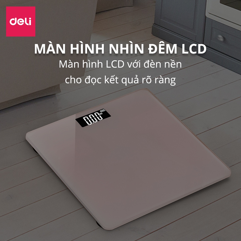 Cân Điện Tử Sức Khoẻ Thông Minh Mặt Vuông Kính Cường Lực Chịu Lực 180Kg Deli - Phù Hợp Gia Đình Trường Học - Nhiều Màu Sắc - Hàng Chính Hãng - E86120