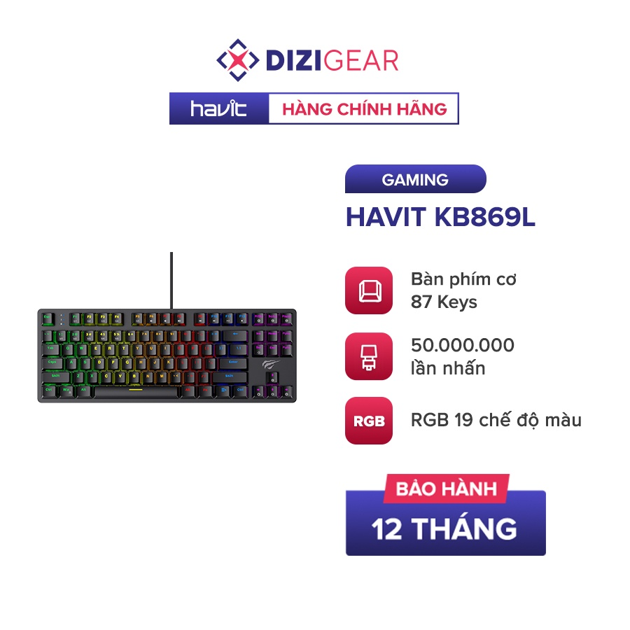 Bàn Phím Cơ Gaming HAVIT KB869L, 87 Keys, 19 Chế Độ RGB, Tuổi Thọ Phím 50.000.000 Lần - Hàng Chính Hãng