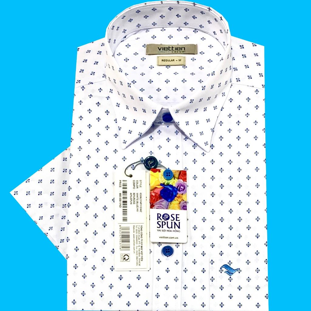 Viettien - Áo sơ mi nam ngắn tay xẻ tà lai ngang Vải sợi hoa hồng Hoạ tiết trắng 6S0620, 6S0621 Regu