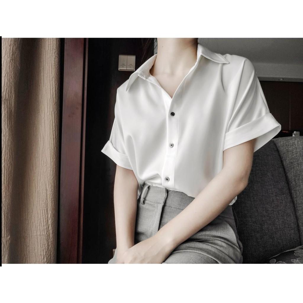 Áo sơ mi công sở ngắn tay satin trắng phong cách Hồng Kông