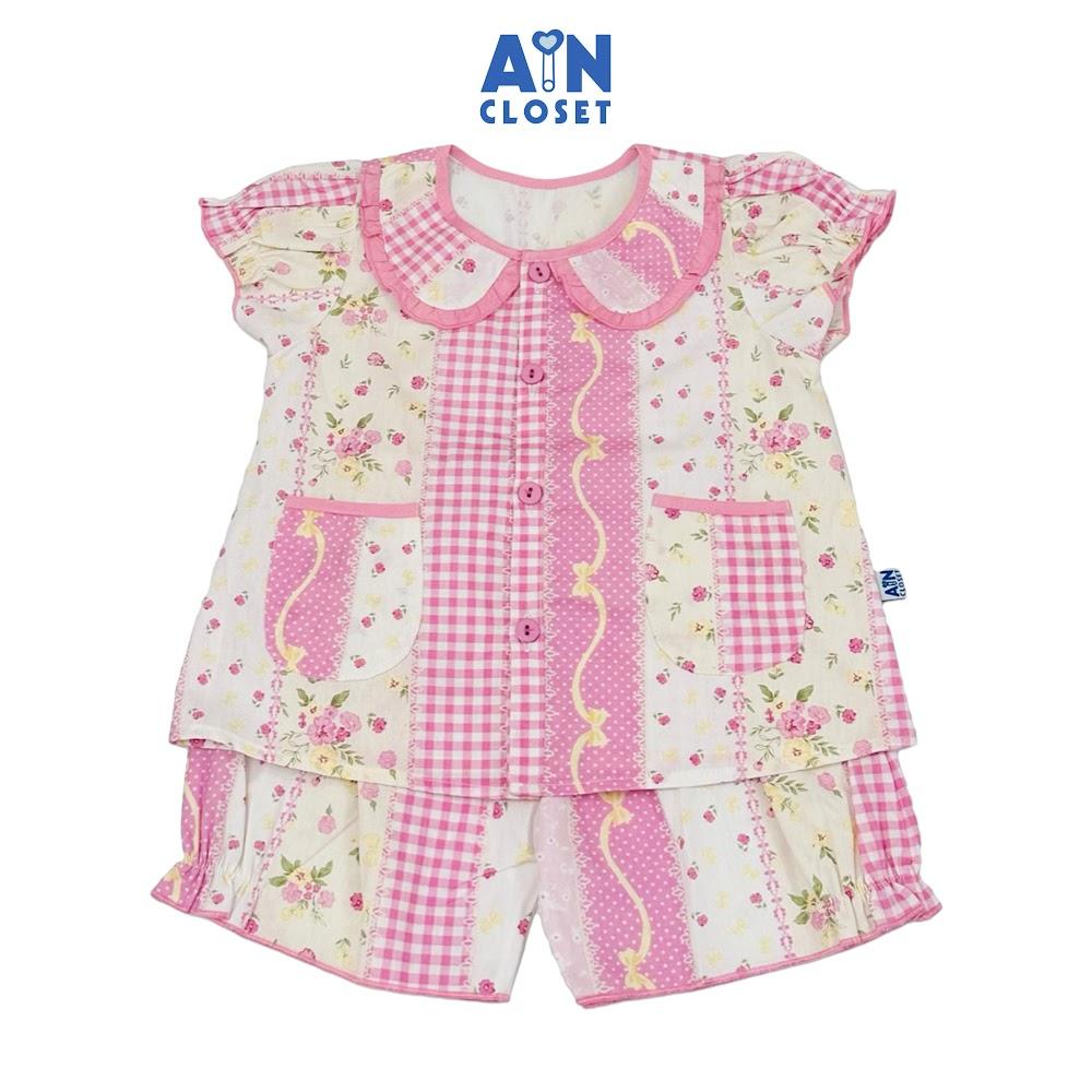 Bộ quần áo Ngắn bé gái họa tiết Gingham Hồng Cotton - AICDBGF7YHKL - AIN Closet