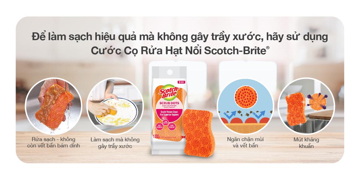 Combo 2 Miếng rửa chén hạt nổi không trầy xước Scotch-Brite 3M đa năng, mút kháng khuẩn, không bám cặn màu cam