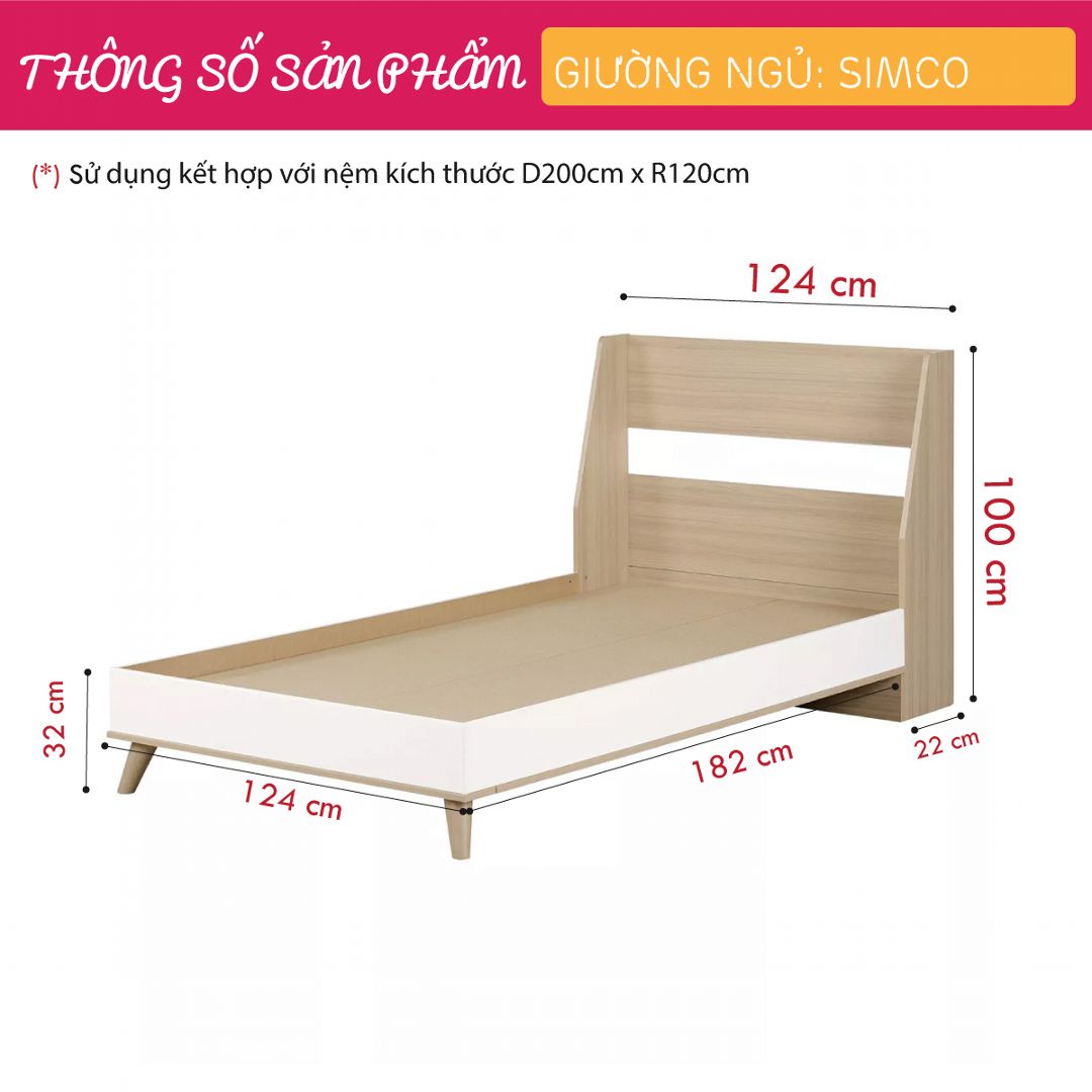 Giường ngủ gỗ hiện đại SMLIFE Simco | Gỗ MDF dày 17mm chống ẩm | D204xR124xC100cm