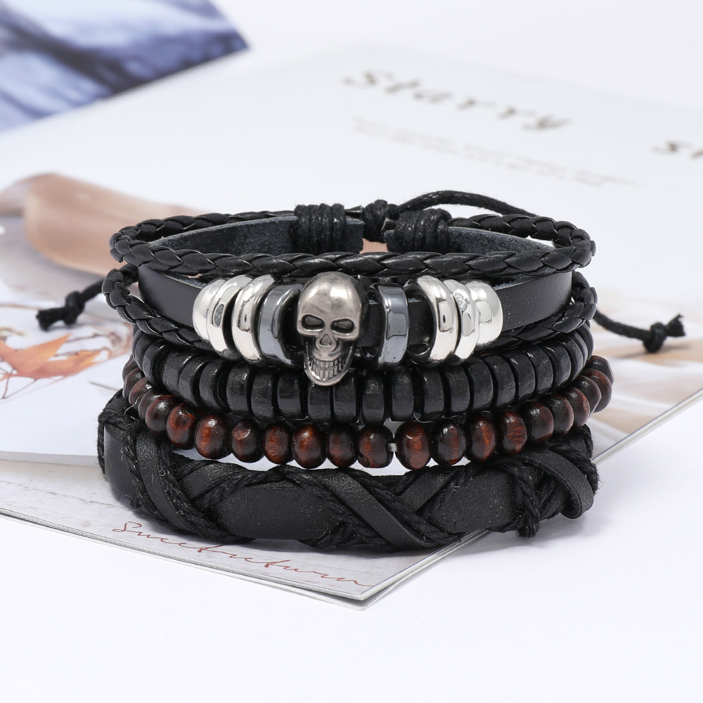 Set 4 vòng tay da nam skull caribe kết hợp phong cách retro