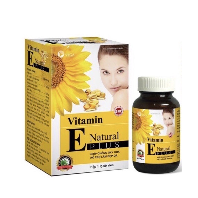 ￼VITAMIN E  Natural Plus - Lọ 60 viên - Viên uống Đẹp da, Chống lão hóa , Tái tạo da, Sáng da