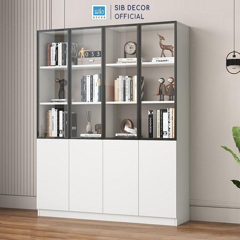 Tủ Sách Gỗ Hiện Đại Kèm Cửa Kính Dài 160cm Rộng 40cm Cao 200cm SIB Decor KS604