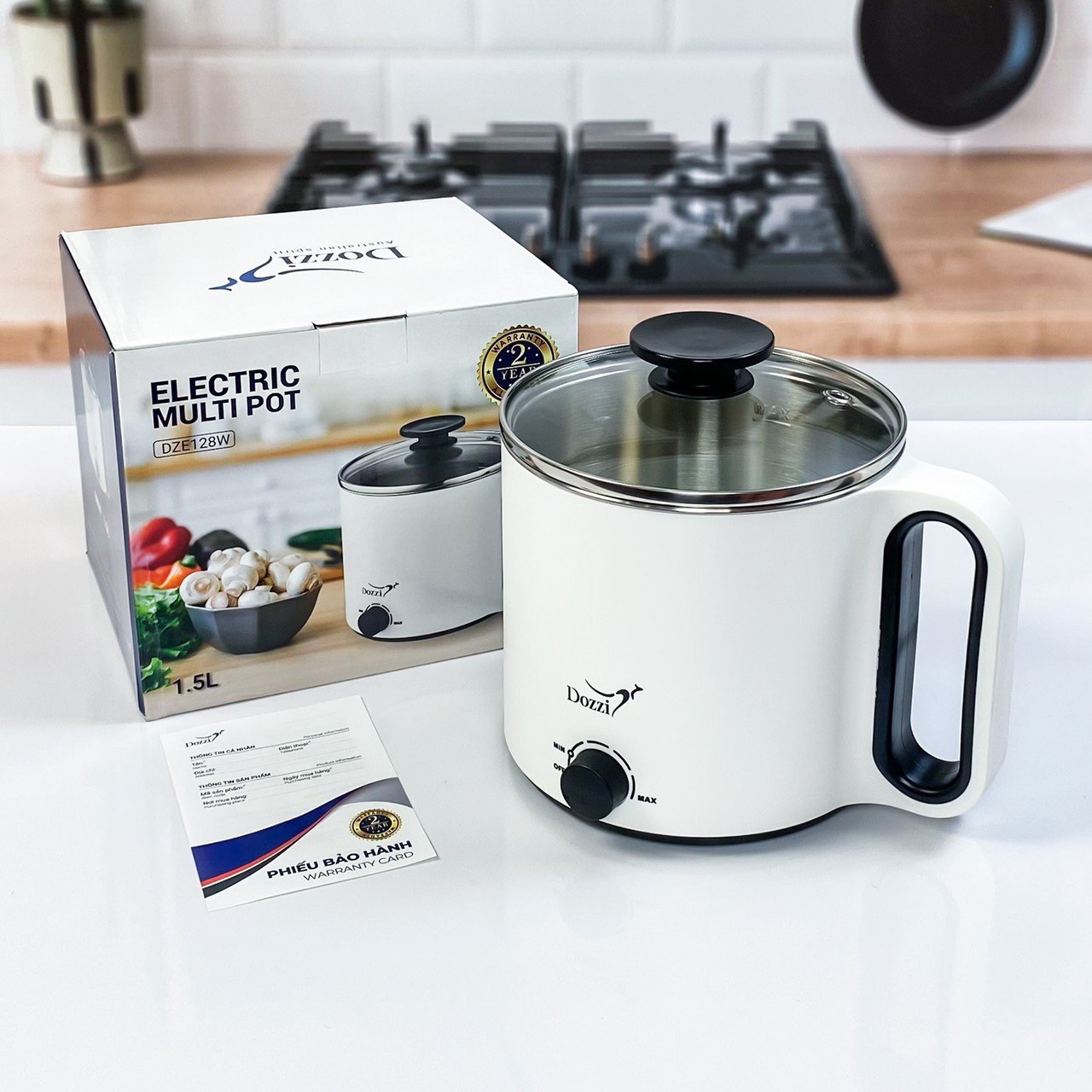 Nồi Lẩu Điện Đa Năng, Ca Nấu Mì Mini Dozzi 1.5L DZE128W - Hàng Chính Hãng