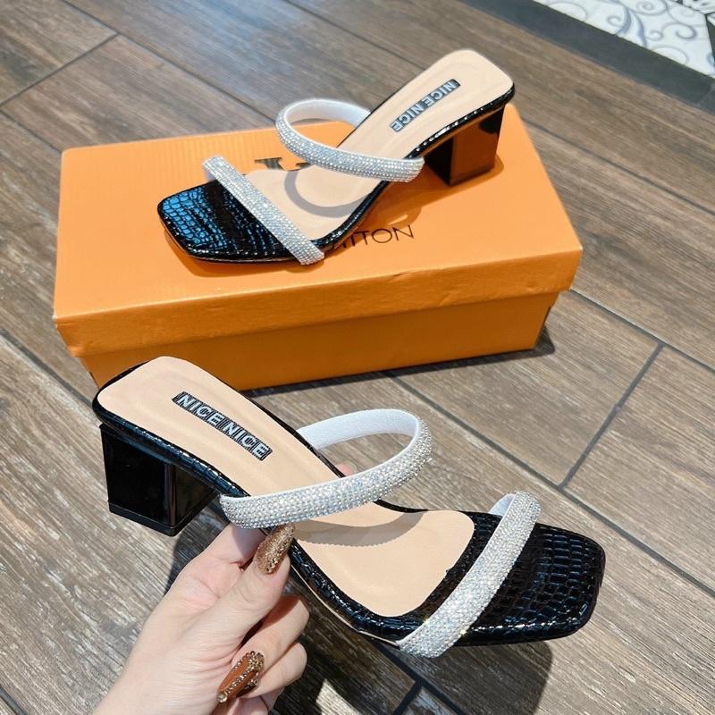 Guốc 2 quai ngang đá da rằn bóng gót 6p