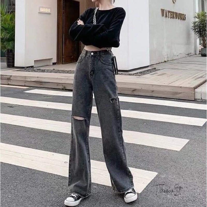 Quần Jeans Nữ Ống Rộng Rách Lưng Cao Màu Xám Khói, Quần Bò Ống Rộng Rách Hông và Đùi Siêu Hot 00.1