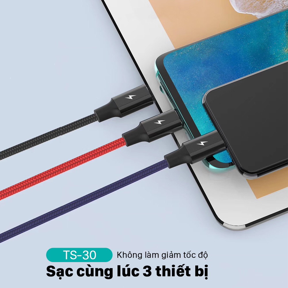 Dây sạc 3 đầu JUYUPU TS30 sạc nhanh 3A cáp sạc bọc dù cao cấp sạc điện thoại iPhone Samsung OPPO Vivo HUAWEI XIAOMi - HÀNG CHÍNH HÃNG