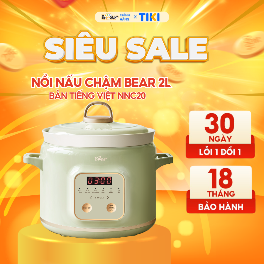 Nồi nấu chậm BEAR 2L Đa Năng Nấu Cháo Hầm Giữ Ấm Giữ Trọn Chất Dinh Dưỡng Bản Tiếng Việt SB-NNC20 - HÀNG CHÍNH HÃNG