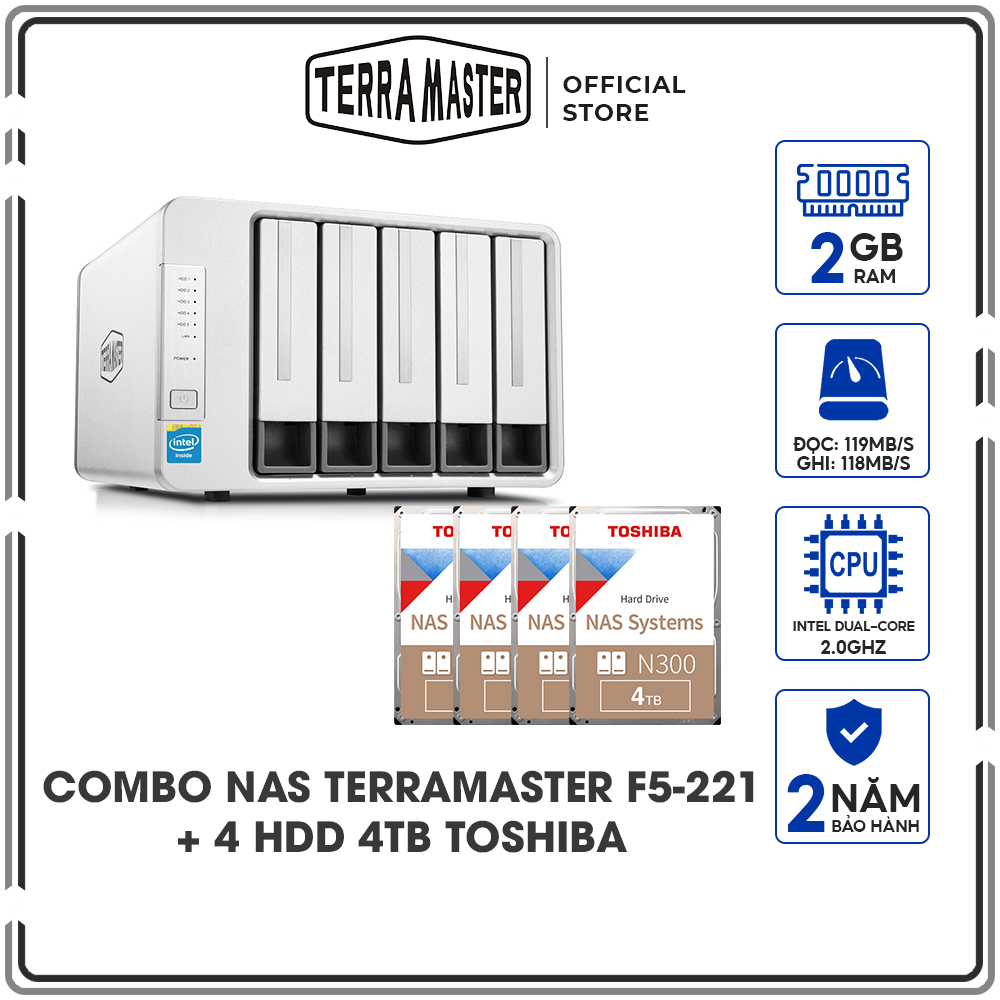 Combo Ổ cứng mạng NAS Terra Master F5-221 + 2 Ổ cứng iHDD Toshiba N300 4TB - Hàng chính hãng